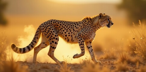 Blurred cheetah, sunlit dust, African landscape,  motion,  wildlife,  plains
