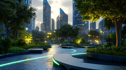 Futuristic City Park with Glowing Pathways and Skyscraper View
