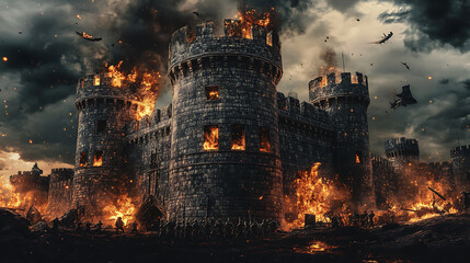 Fototapeta premium Medieval Castle Under Siege with Soldiers and Catapults