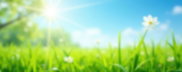 Fototapeta premium Blurred spring meadow, sunlit, blue sky to green grass transition , scene, beauty