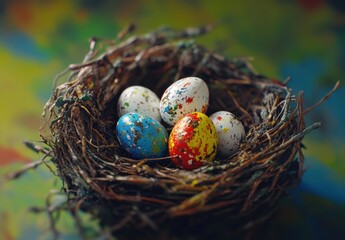 Colorful Decorative Eggs Nestled in a Natural Twigs Nest