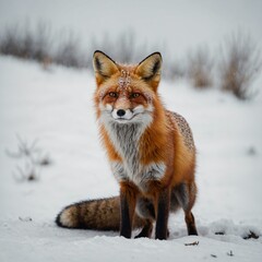 A fluffy Arctic fox sitting calmly on a white surface.