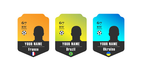 Custom football player card template with silhouette, rating, position, and national flag of France, Brazil, and Ukraine. Digital sports card design for customization © Creatmark