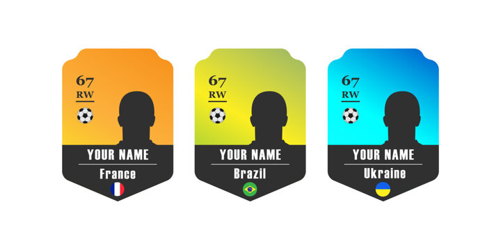 Custom football player card template with silhouette, rating, position, and national flag of France, Brazil, and Ukraine. Digital sports card design for customization