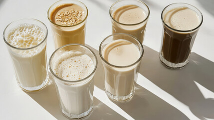 Close up of frothy glasses of soy, rice, oat, and almond milk, showcasing variety of plant based beverages. sunlight enhances creamy textures and colors