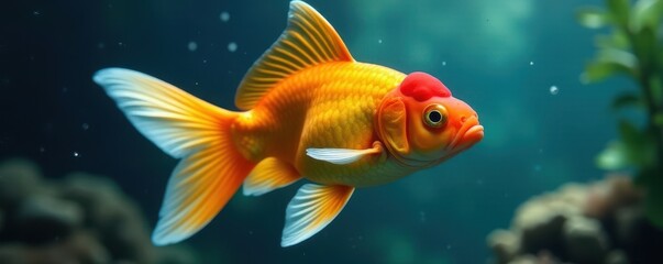 Fototapeta premium Bright orange goldfish, close-up underwater view, nature, animal photography, texture