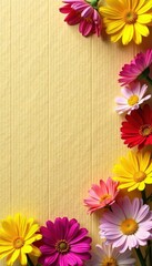 Obraz premium Bright spring flowers scattered across a kraft paper background, paper texture background, yellow, pink