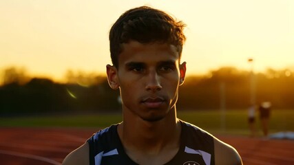 A determined young male athlete stands on a running track, illuminated by the warm glow of the sunset. His focused expression conveys dedication, perseverance, and the pursuit of excellence in sports.