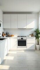 Fototapeta premium Bright white kitchen with built-in oven, minimalist style , glossy, bake, light