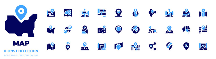 Map icon collection. Bold style. Duotone colors. map, google maps, placeholder, maps, india, australia, united states of america, pointer, share