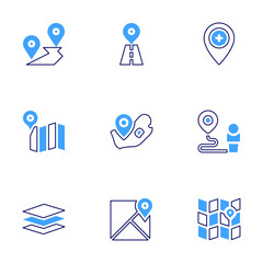 Map icon set. Bold line style. Duotone colors. Editable stroke. google maps, architecture, placeholder, destination, map