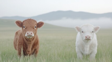 Obraz premium Two young calves in a grassy field, misty mountains in the background. Possible use Stock photo for farm animals