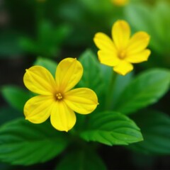 Obraz premium Bright yellow primroses nestled in lush green leaves , nature background, stock photo, texture