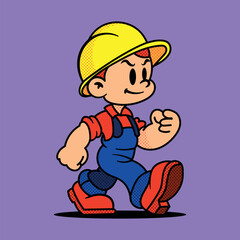 Vintage 1940s Style Cartoon Construction Worker Mascot, Factory Engineer in Jumpsuit and Hardhat