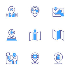Map icon set. Bold line style. Duotone colors. Editable stroke. map, street map, location, shop, placeholder