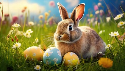 Adorable Easter Bunny Amidst Spring Blossoms and Decorated Eggs