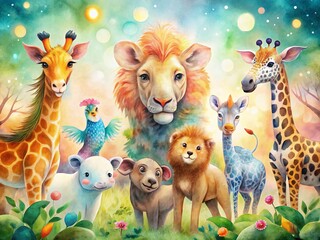 Naklejka premium Watercolor Zoo Animals Bokeh Background - Cute Wildlife Illustration