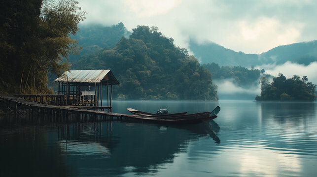 Atmosph&auml;rische Landschaftsaufnahme eines Seehauses mit Boot. Nebelverhangene Berge und spiegelglatte Wasseroberfl&auml;che in meditativer Stimmung