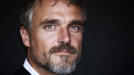 Fototapeta premium Mature man portrait, serious expression, dark background, professional headshot (1)
