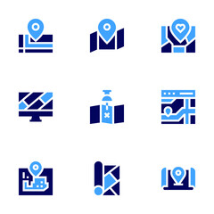 Map icon set. Bold style. Duotone colors. map, city map