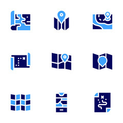 Map icon set. Bold style. Duotone colors. map, maps, map location, street map