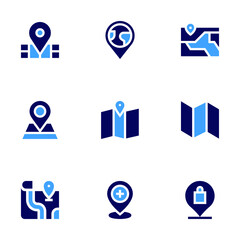 Map icon set. Bold style. Duotone colors. map, street map, location, shop, placeholder