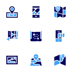 Map icon set. Bold style. Duotone colors. map, street map, maps, gps, location