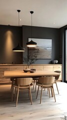 This stylish dining area showcases a wooden table surrounded by elegant chairs, complemented by minimalist decor and ambient lighting, perfect for family gatherings or meals.