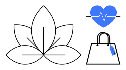 Black-line lotus with a bright blue heart with a heartbeat line and a shopping bag with a price tag. Ideal for health, mindfulness, well-being, commerce, fitness, mental health, holistic living