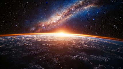 Fototapeta premium Stunning View of Stars and Milky Way Above Earth Glow at Night from Space Showing Cloud Formations and City Lights, Perfect for Inspirational and Educational Purposes
