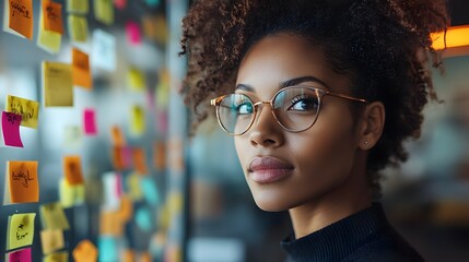 A Committed Professional Woman Engaged in Brainstorming with Vibrant Sticky Notes in a Bright Modern Office Filled with Creativity