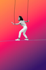 Vertical sketch 3d artwork collage poster of happy american girl walk rope handcuffs manipulation...