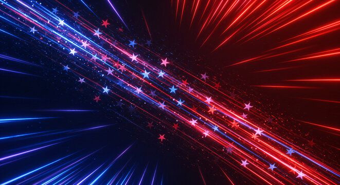 Abstract patriotic design; vibrant stars and stripes; glowing American flag