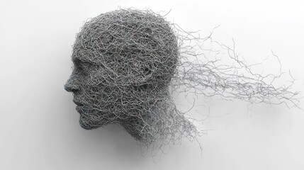 Abstract Profile Head Sculpture,  Windswept Roots, White Background.  Possible Use Conceptual Art
