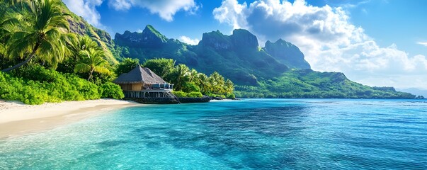 Obraz premium The Mamanuca Islands in Fiji, with an overwater bungalow perched above the turquoise lagoon and tropical greenery in the background