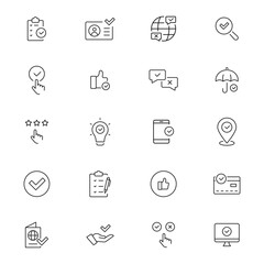 Quality control set of web icons in line style. Quality Check computing icons. Containing inspection, evaluation, production, quality assurance, certificate