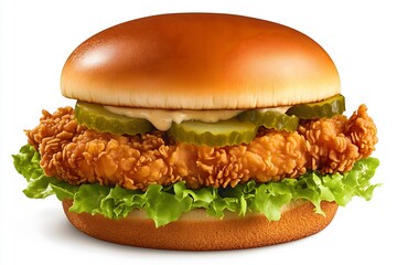 Fried chicken sandwich with pickles, lettuce and mayonnaise isolated on a white background
