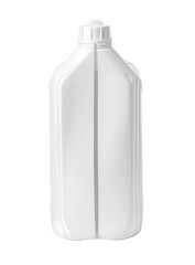 White plastic jerrycan container with blank label for detergent or chemicals