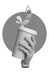 Photo sketch graphics collage artwork picture of funny funky guy diving huge big tea cup isolated drawing background