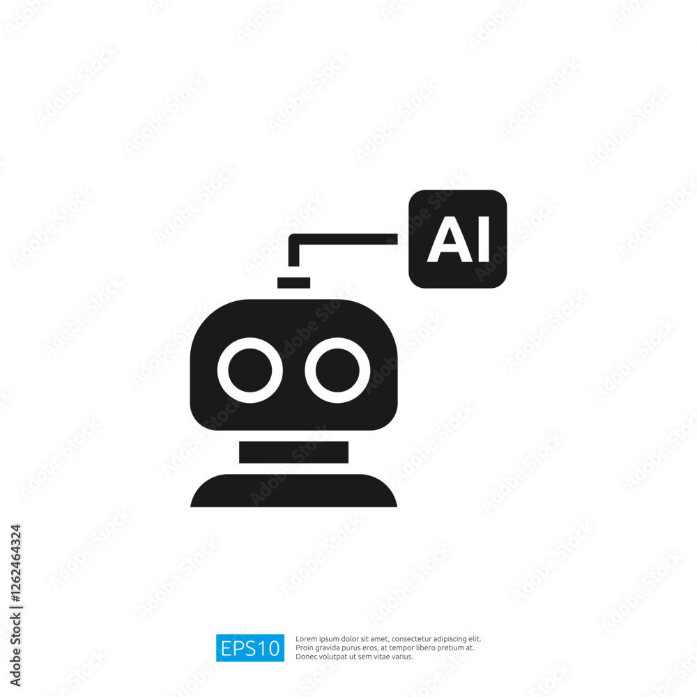 Poster a simple black and white graphic of a robot with a speech bubble indicating ai symbolizing artificia