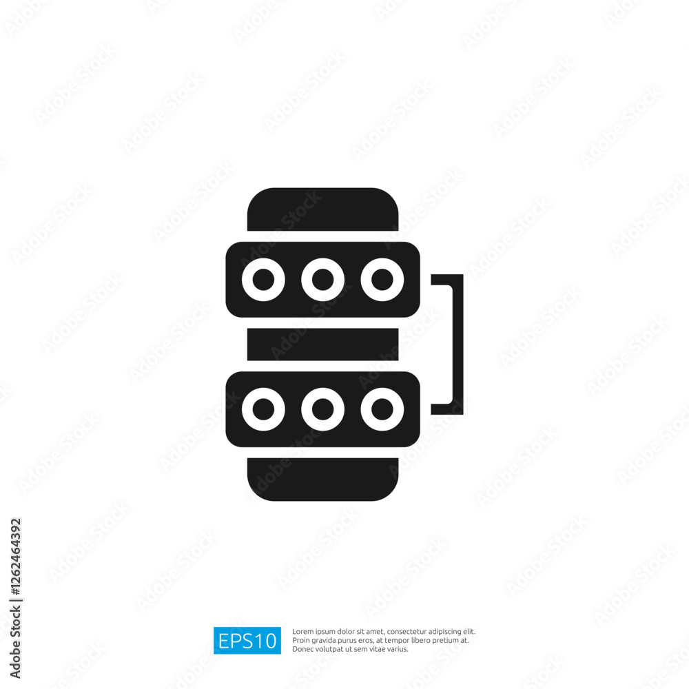 Poster a simple black icon representing a stack of cylindrical objects with circular patterns, suggesting a