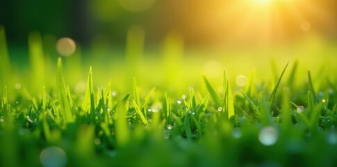 Obraz premium Close-up dew drops on blades of spring grass, sunlit meadow , botanical, spring