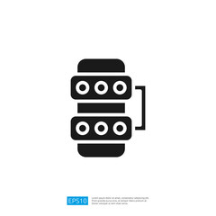 A simple black icon representing a stack of cylindrical objects with circular patterns, suggesting a design related to technology or industry.