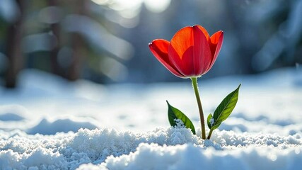 a red flower sprouts among a pile of snow