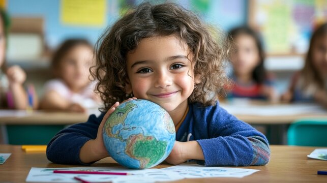 A child in a classroom creates drawings focused on a clean earth, surrounded by classmates while emphasizing the importance of environmental awareness and education.