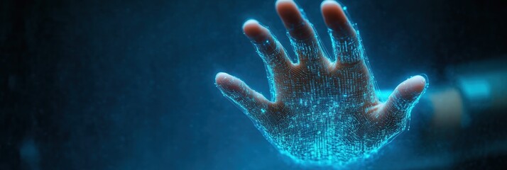 Silhouette of a hand featuring biometric scanners illuminated against a dark background