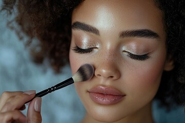 Obraz premium A woman with curly hair receives a makeup application using a brush, focusing on her cheek and eyes, showcasing a glamorous look.