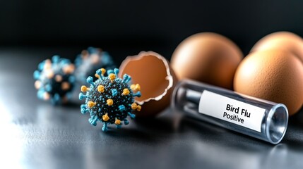 Detailed macro shot of a cracked egg revealing bird flu-themed elements on a dark surface