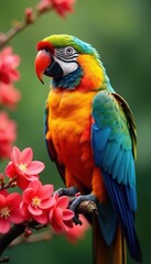 Obraz premium Close-up of colorful parrot perched on blooming tree, blurred backdrop, nature photography, bird