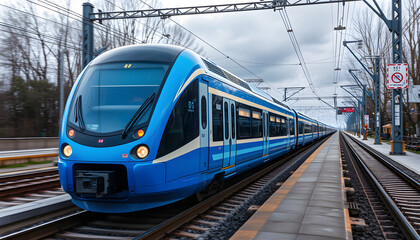 Obraz premium Blue high speed train runs on rail tracks - The train is going too fast as a result the air pressure is causing too much heat at the front, 8k photorealism. with white shades